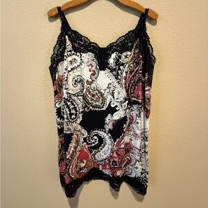 Lane Bryant Black and Red Paisley Lace Trim Cami Adjustable Straps Bohemian